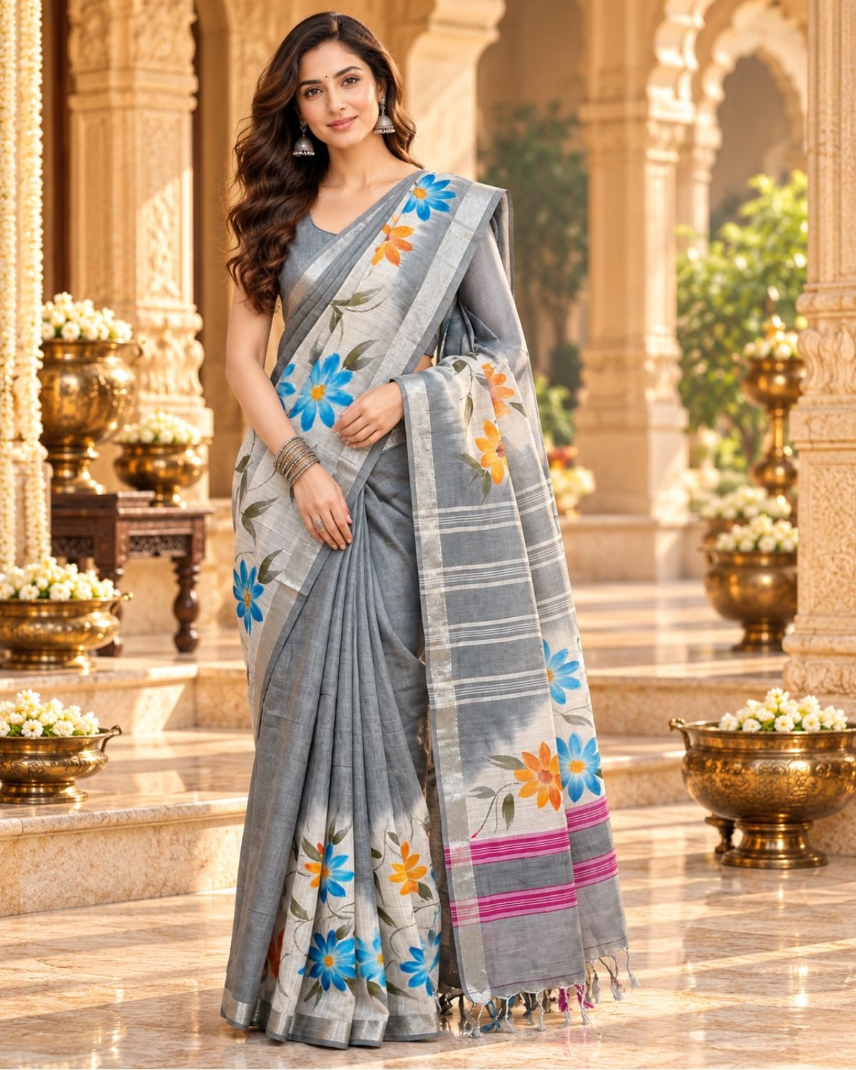 Elegant Grey Linen Saree with Hand-Painted Blue & Orange Floral Design