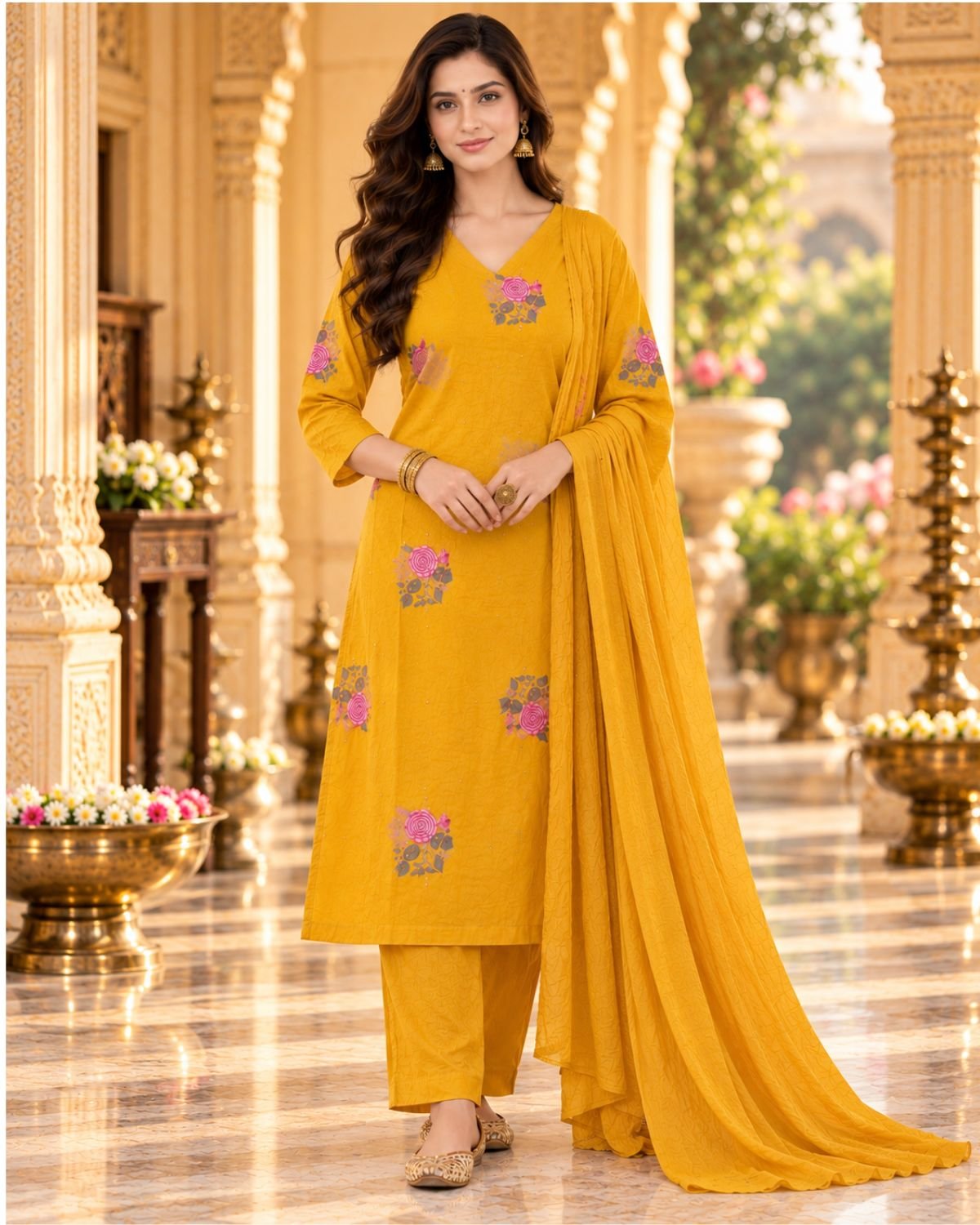 Mustard Yellow Cotton Floral Printed 3-Piece Kurta Set with Dupatta