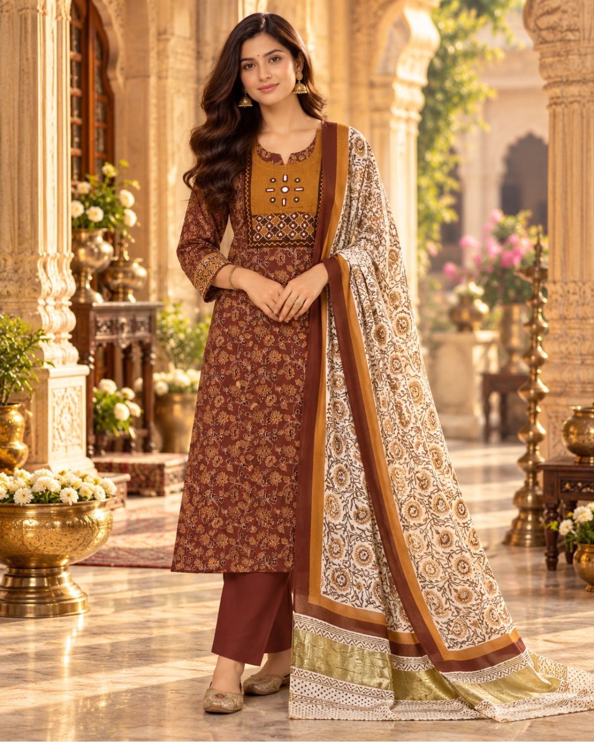 Elegant Brown Floral Printed 3-Piece Ethnic Suit Set with Mustard Yoke & Designer Dupatta