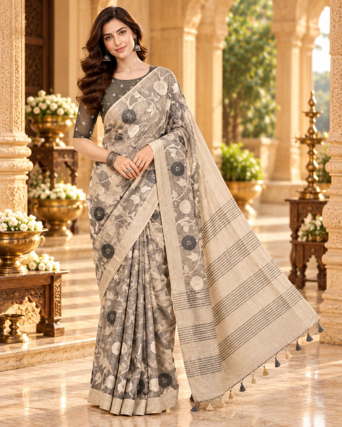 Elegant Ivory Grey Jamdhani Saree with Floral Motifs, Striped Pallu & Designer Blouse