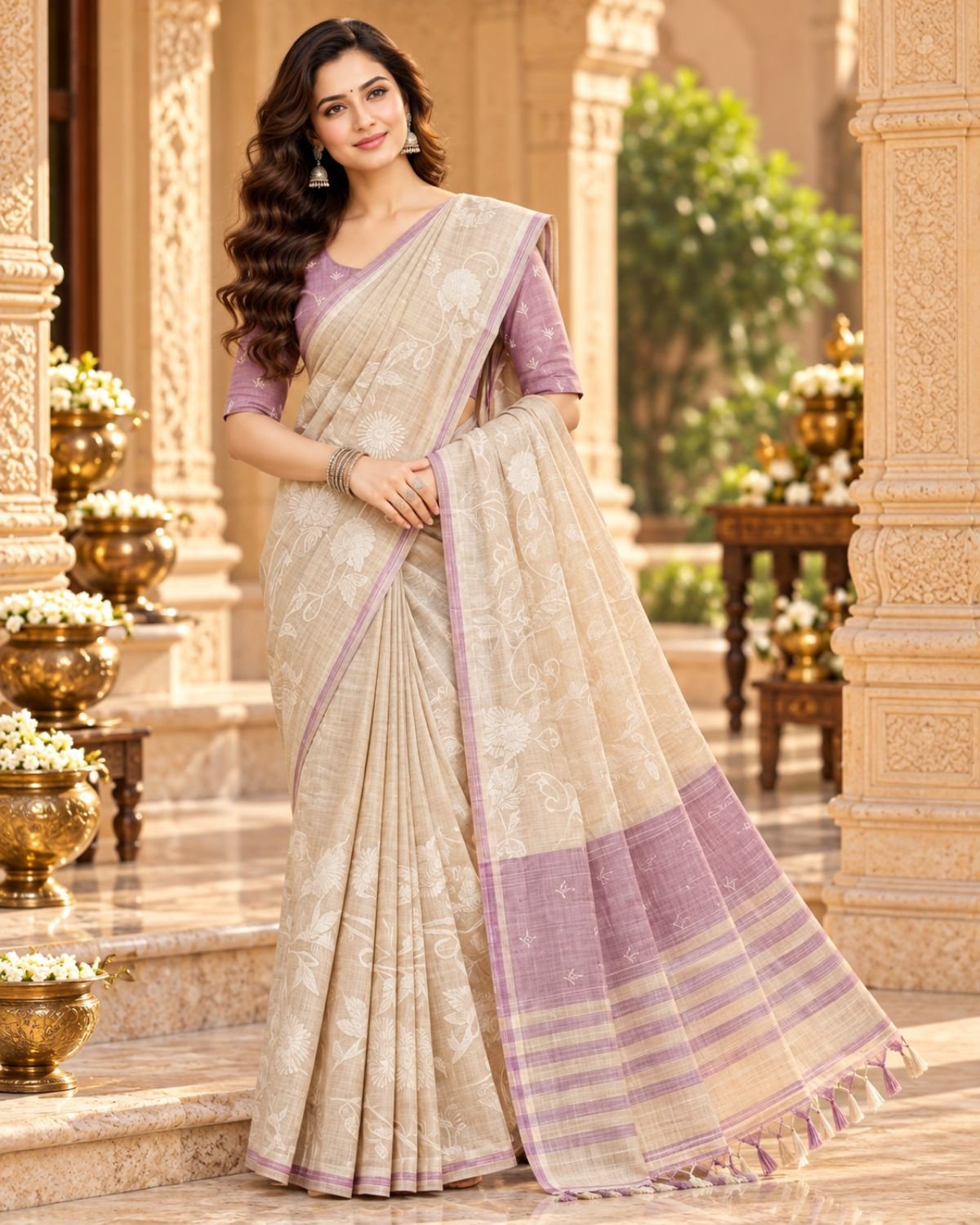 Elegant Beige Jamdani Saree with White Floral Motifs & Lavender Border