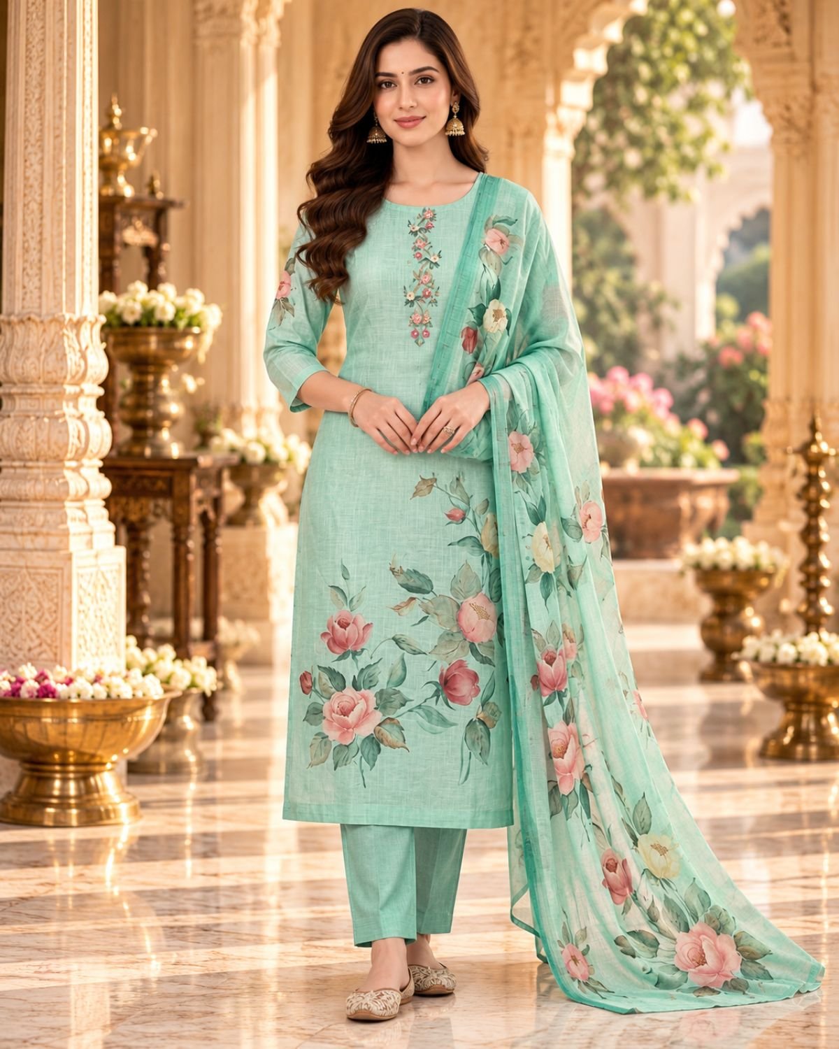 Pastel Mint Green Linen 3-Piece Suit with Katdhana Work & Floral Dupatta