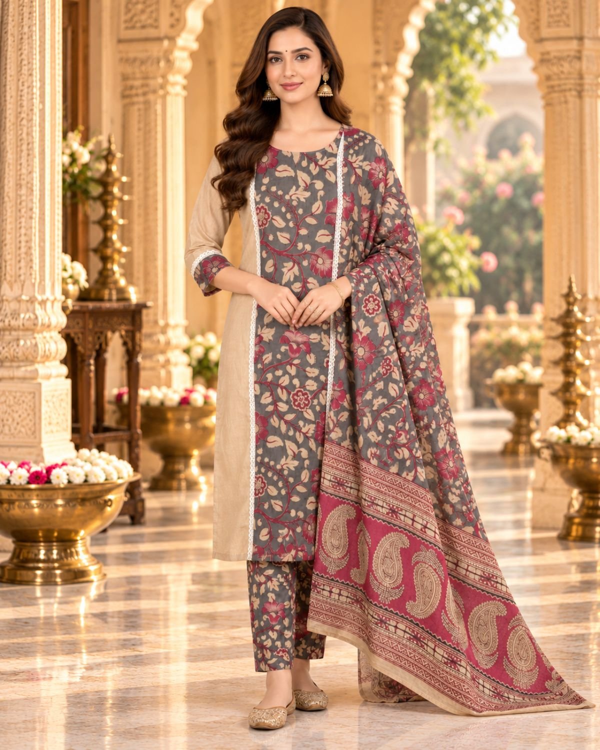 Soft Slate Grey, Warm Beige, and Dusty Maroon, complemented by delicate ivory floral detailing.