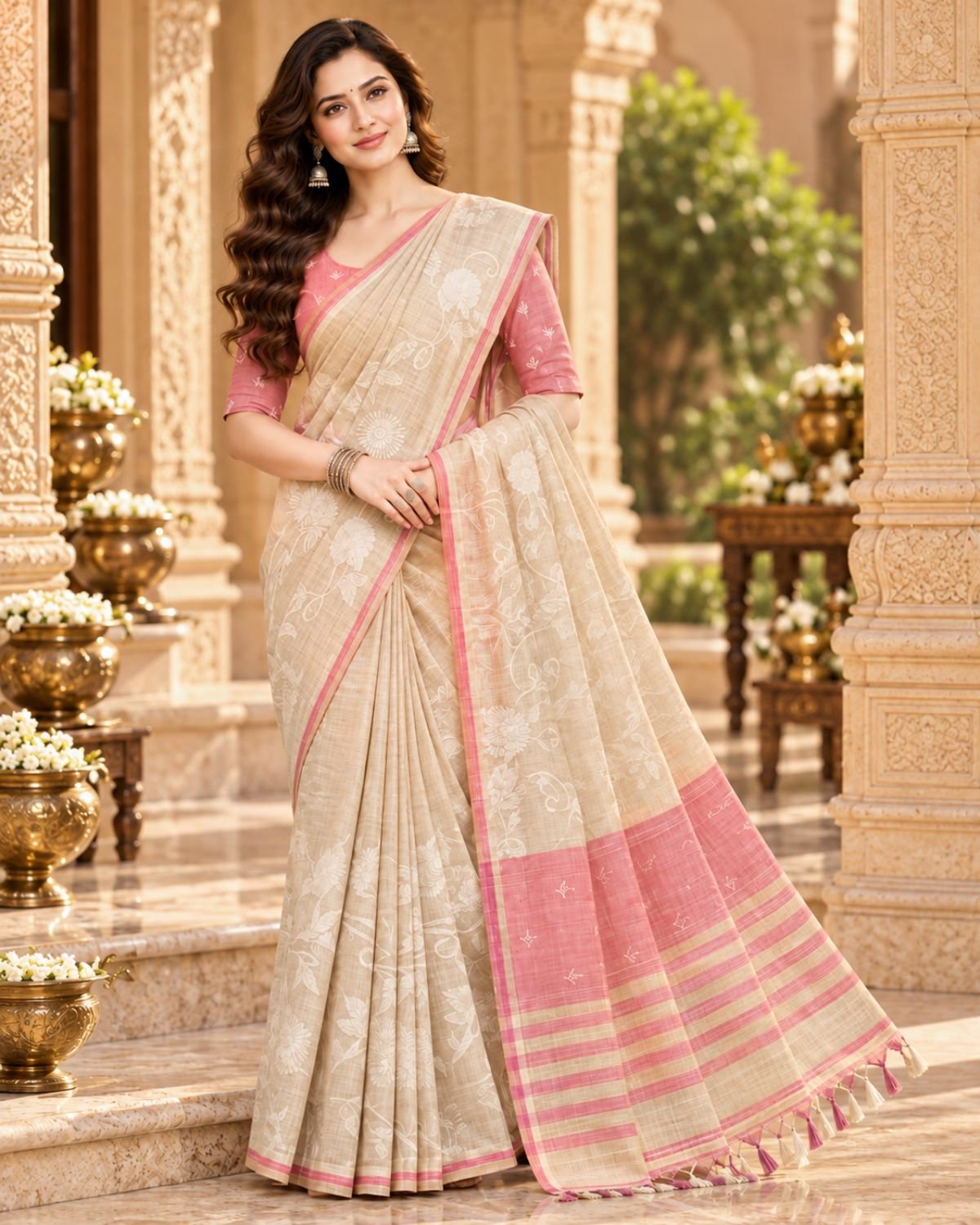 Elegant Beige Ivory Grey Jamdani Saree with White Floral Motifs & Pink Border