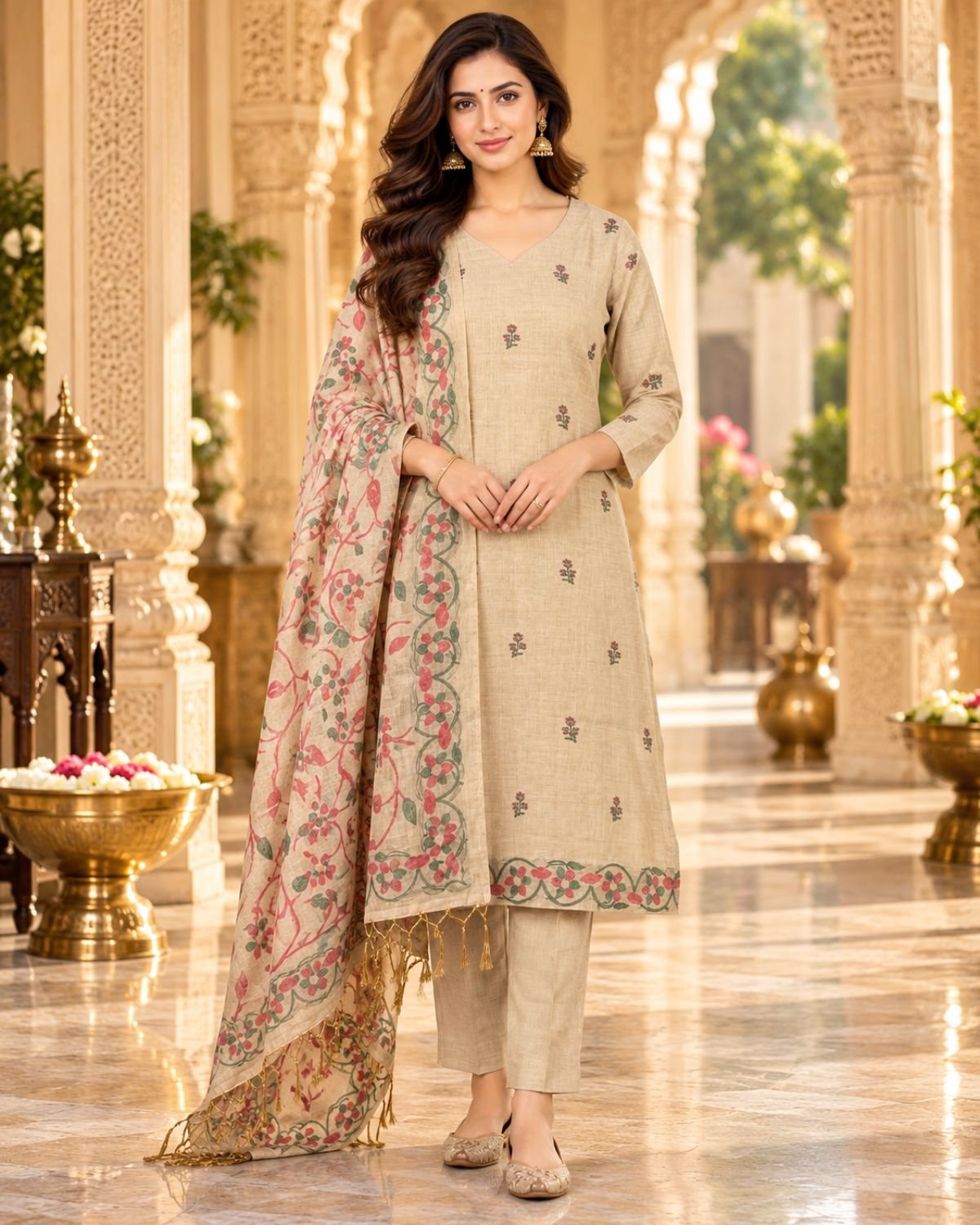 Natural Sand Beige, Dusty Rose Pink, and Muted Sage Green, Jamdani 3-Piece Suit with Teal Floral Dupatta