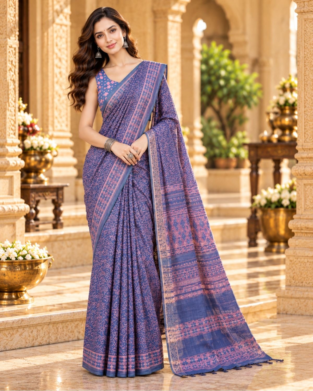 Elegant Indigo Blue & Dusty Pink Printed Mul Cotton Saree with Designer Sleeveless Blouse