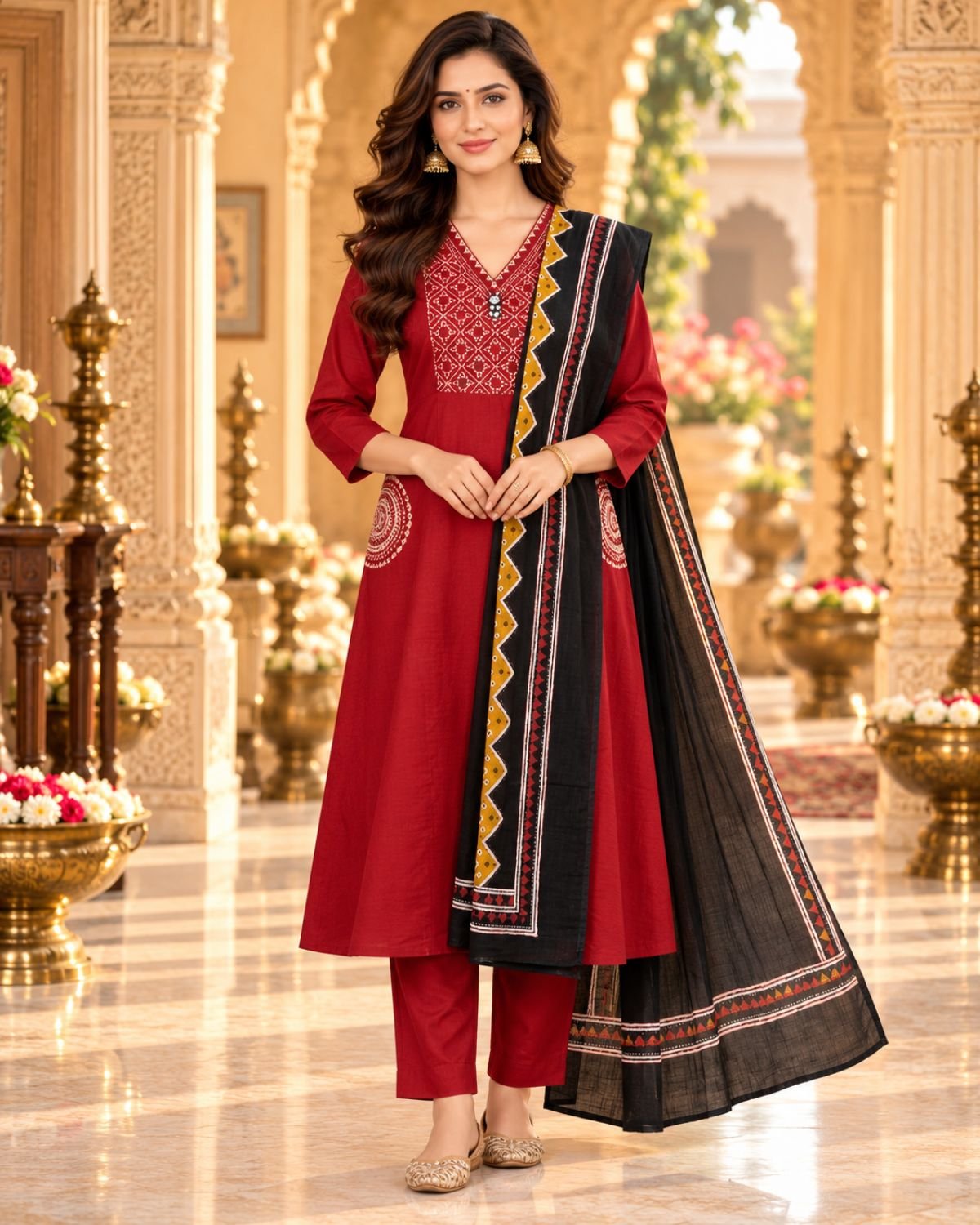 Brick Red Dabu Cotton 3-Piece Kurta Set with Black Printed Dupatta