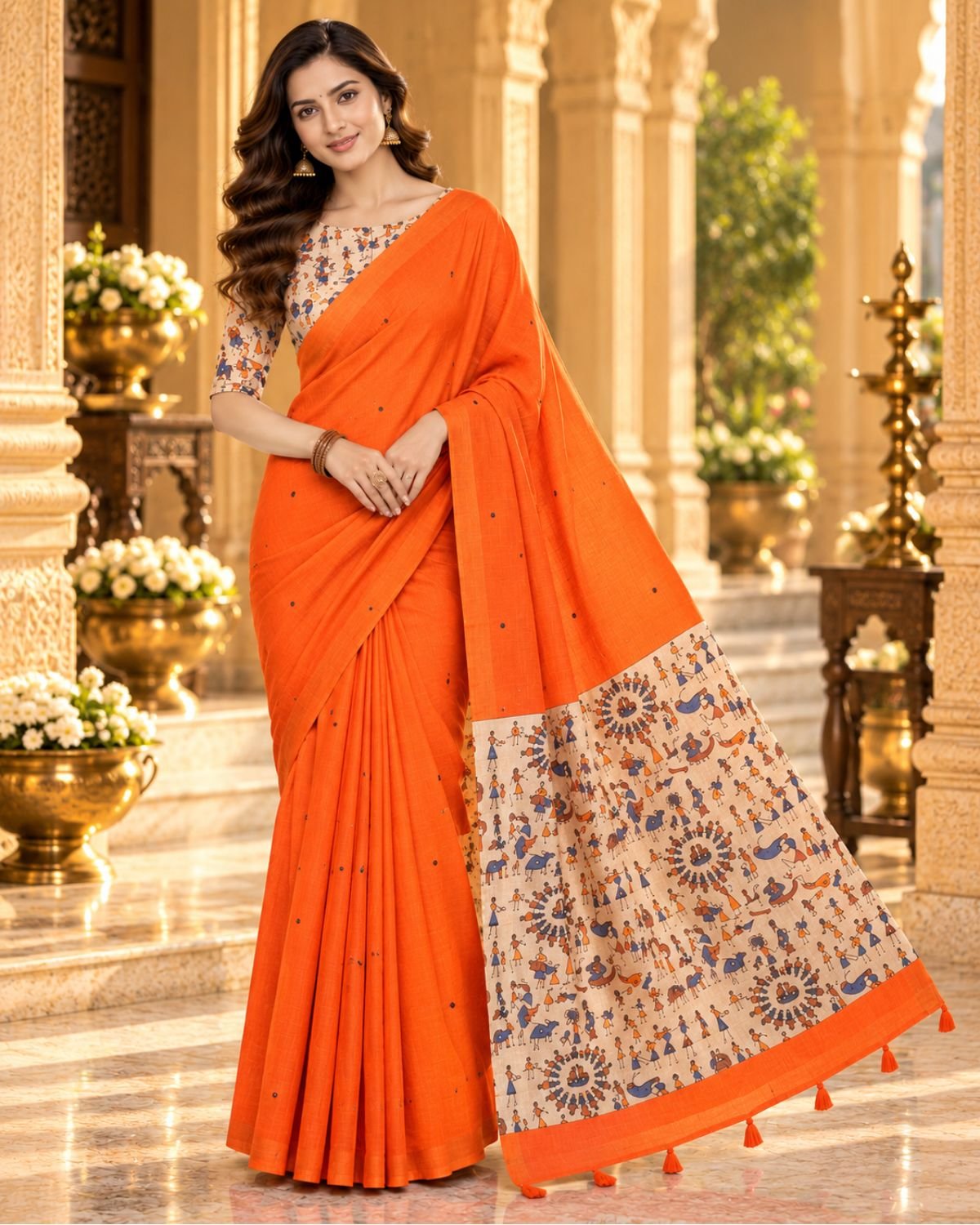Vibrant Orange Linen Saree with Worli Print Pallu & Designer Blouse