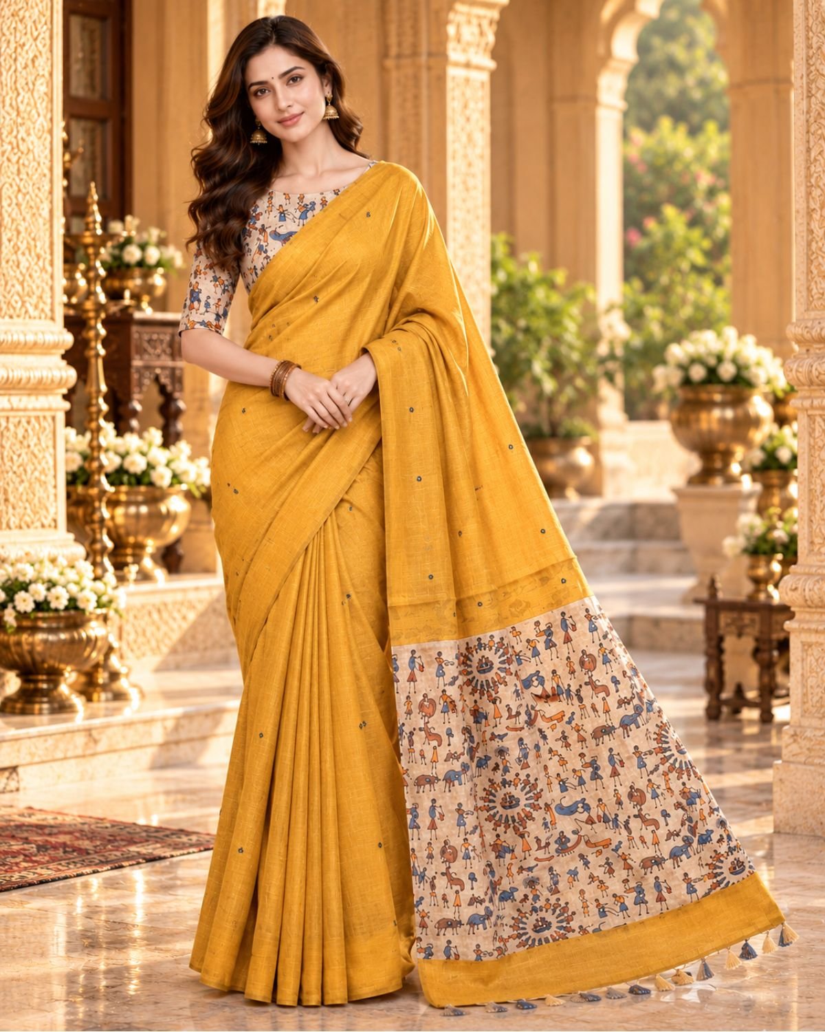 Mustard Yellow Linen Saree with Worli Print Pallu & Designer Blouse