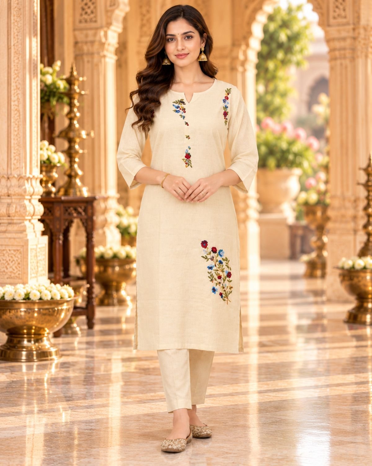 Elegant Ivory Khadi Cotton 2-Piece Kurta Pant Set with Floral Embroidery
