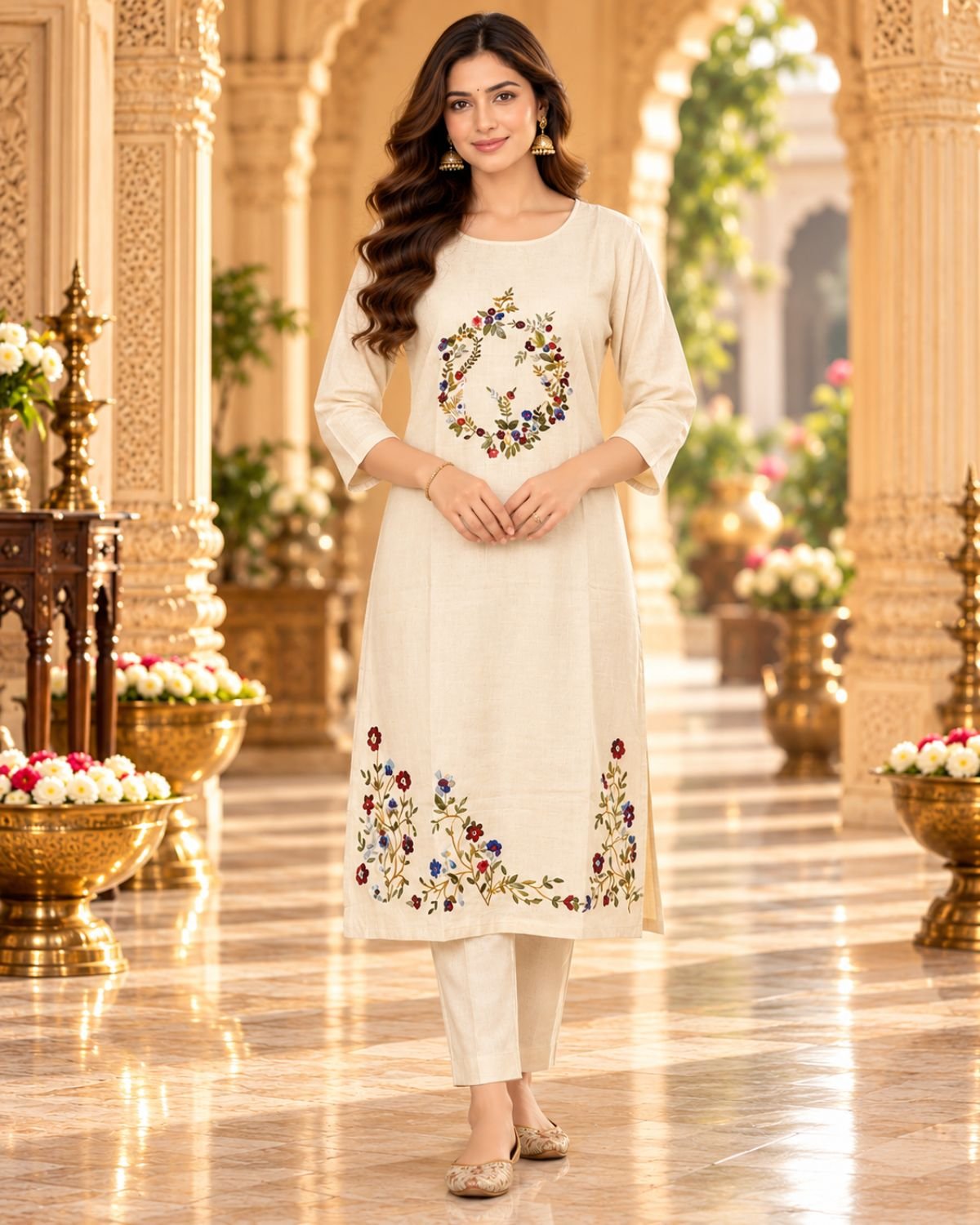 Regal Ivory Khadi Cotton 2-Piece Kurta Pant Set with Floral Embroidery