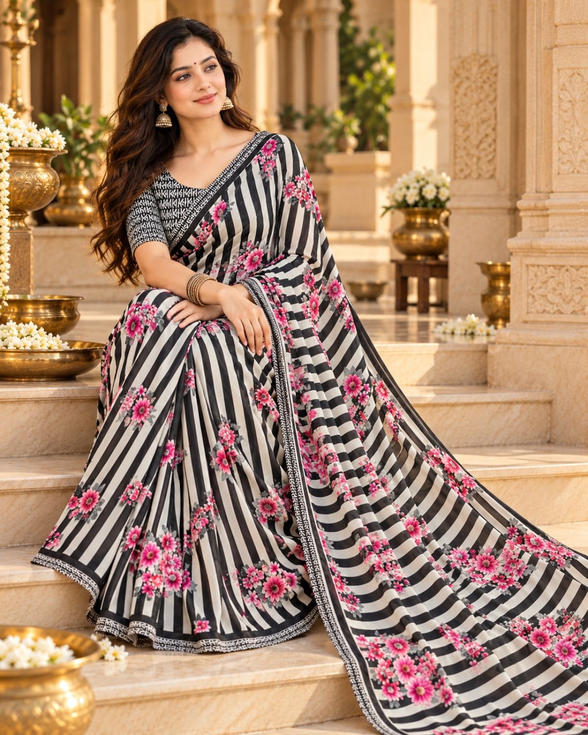 Modal Silk Saree – Black & Ivory Stripes with Pink Floral Prints