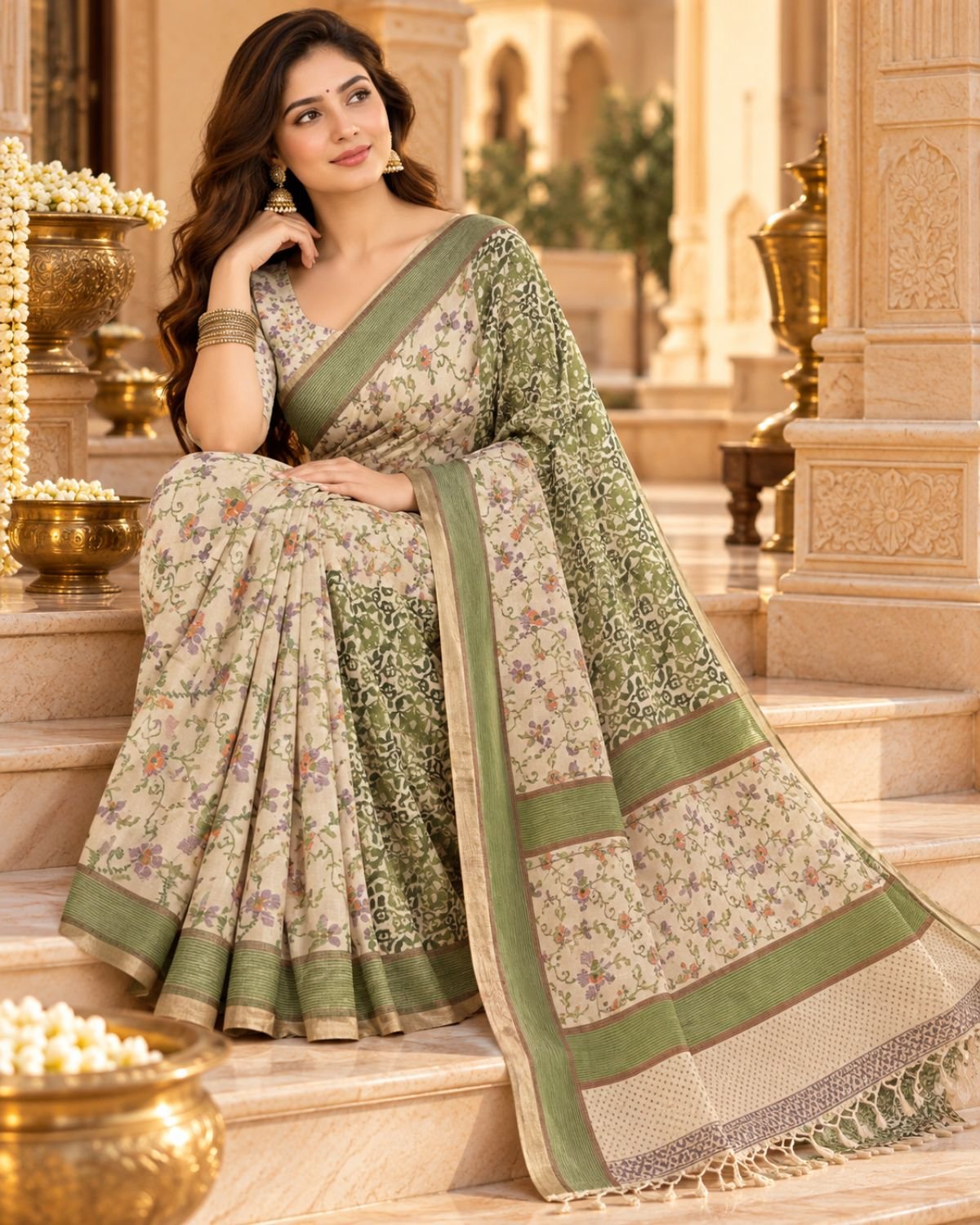 Soft Tussar Silk Saree – Timeless Elegance in Ivory & Olive Green