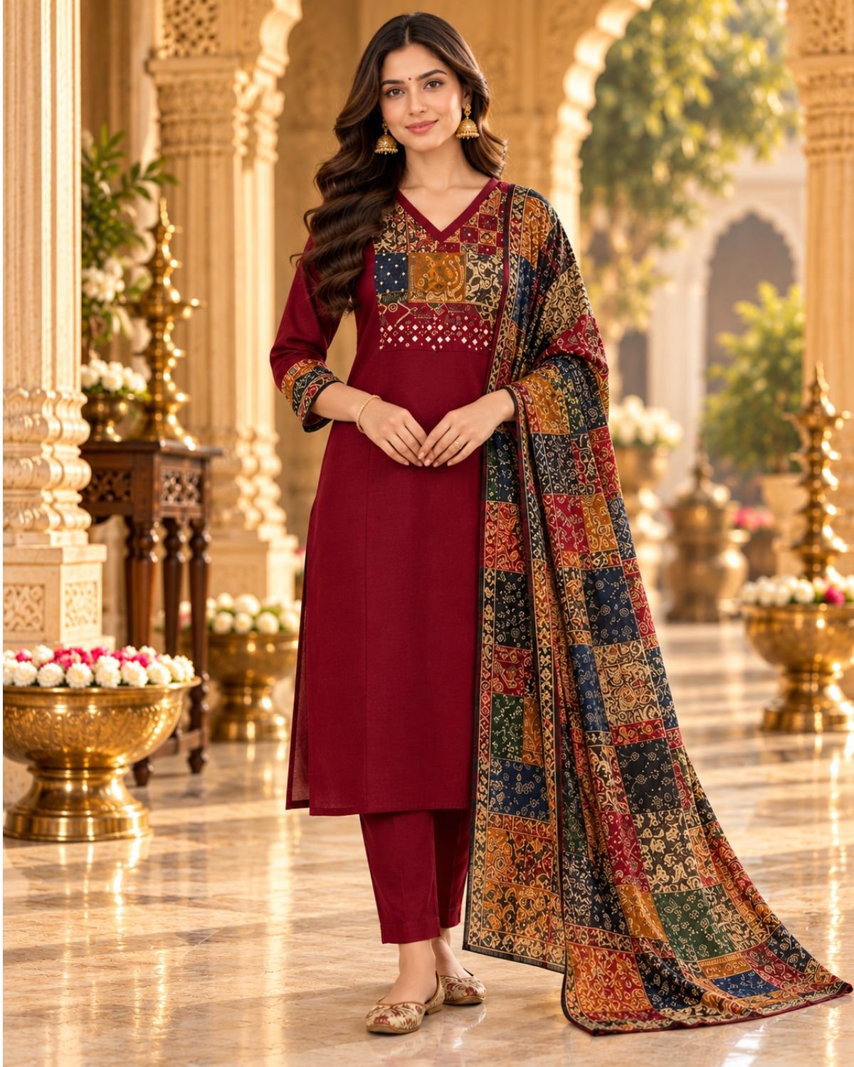 Regal Deep Maroon Cotton Kurta Set with Traditional multi coloured kalamkari Printed Dupatta