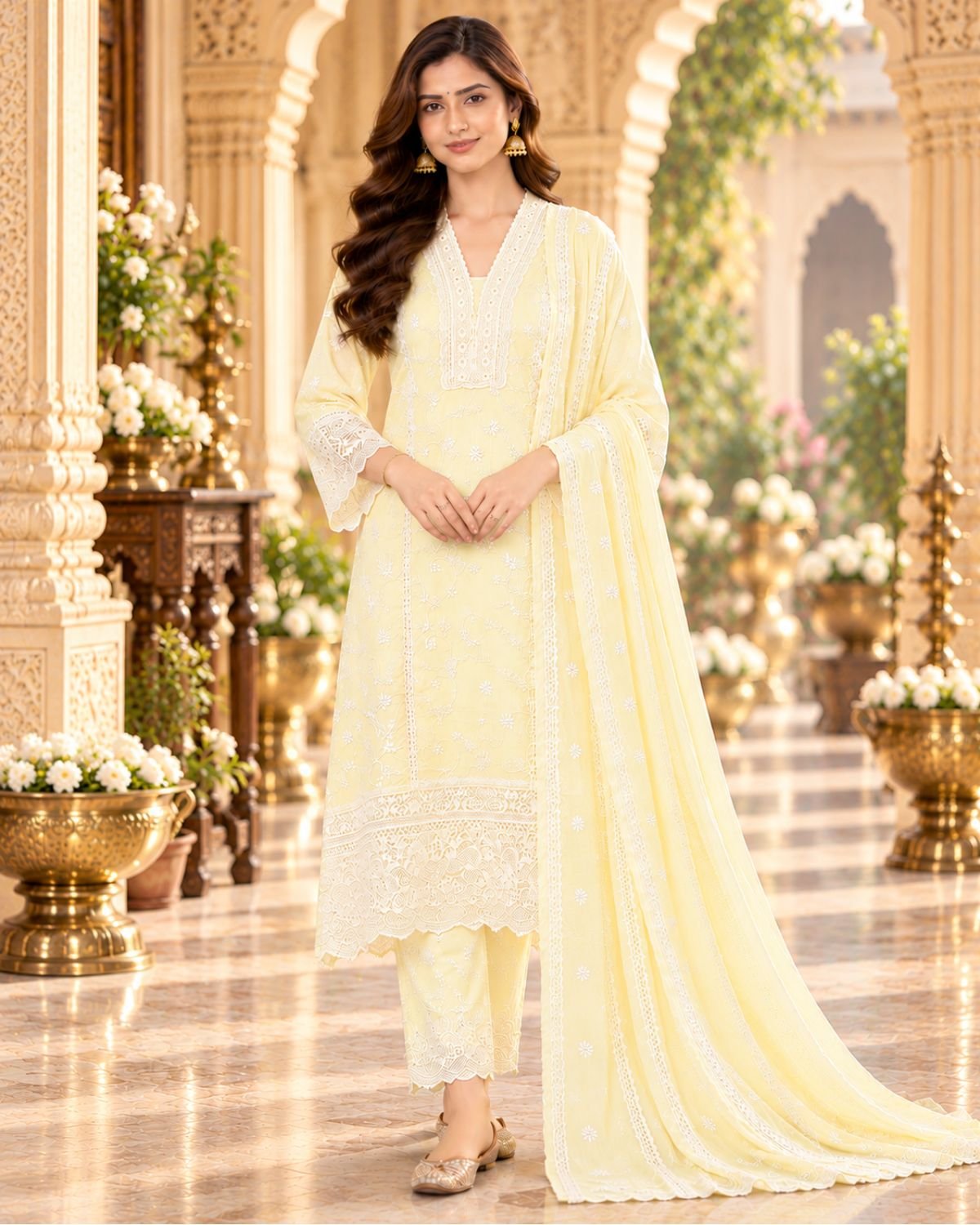 Elegance in Pastel Lemon Yellow Mul Cotton Chikankari Embroidered 3-Piece Kurta Set