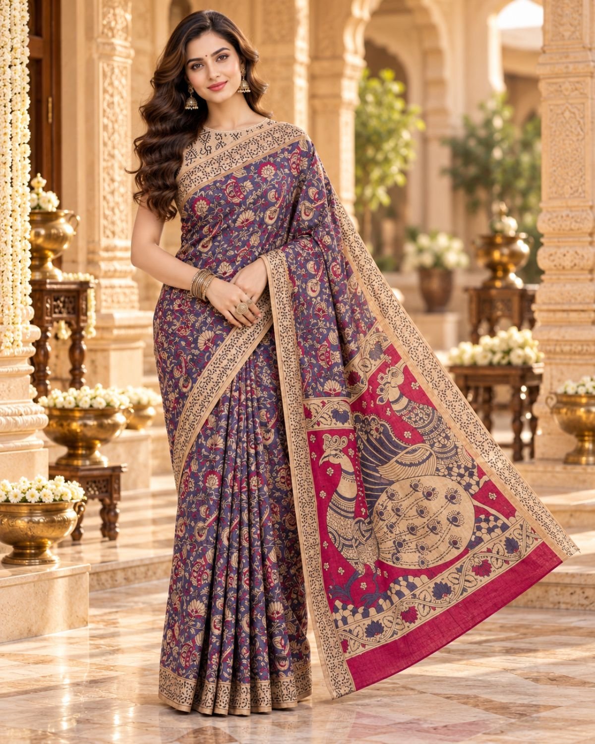 Royal Purple Chennuri Silk Saree with Kalamkari Print, Peacock Pallu & Blouse Piece