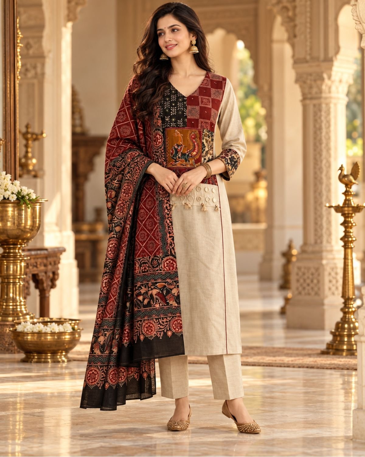Elegant Ivory Cotton Kurta Set with Traditional multi coloured kalamkari Printed Dupatta