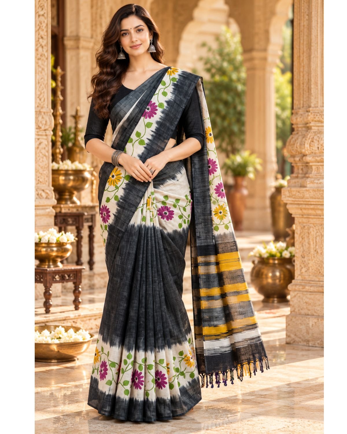Black & Ivory Hand-Painted Linen Saree with Multicolour Floral Design