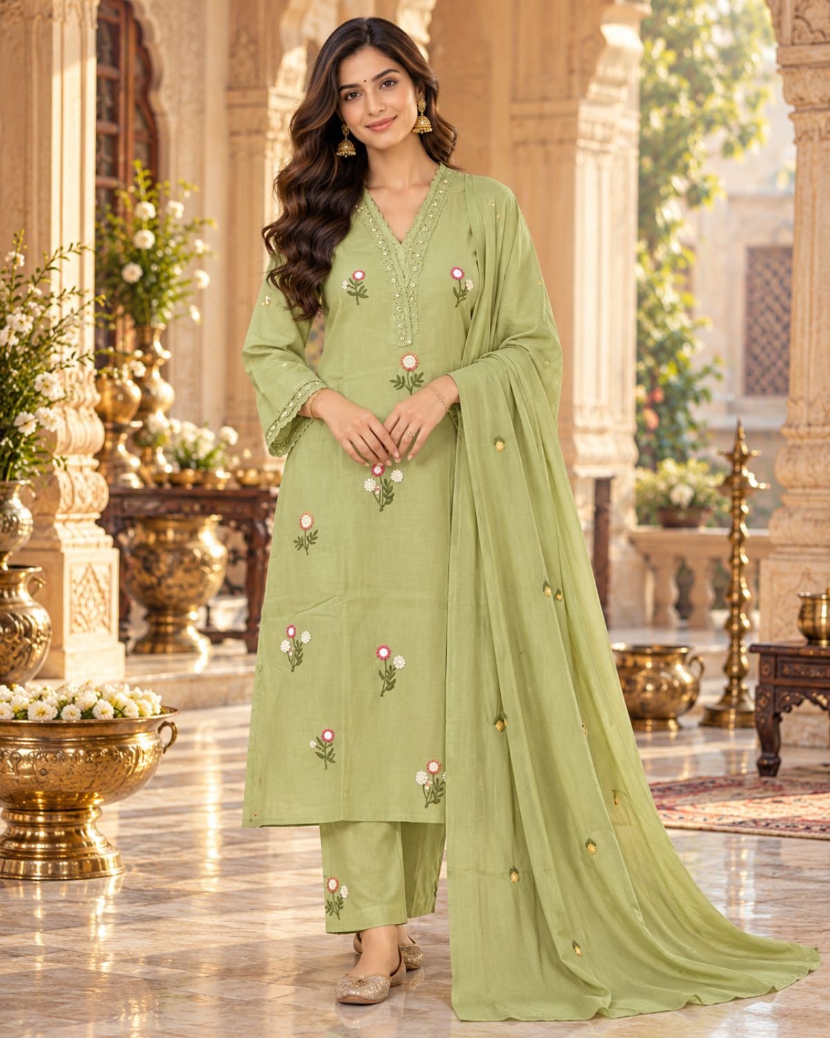 Pastel Sage Green Floral Embroidered 3-Piece Ethnic Suit Set