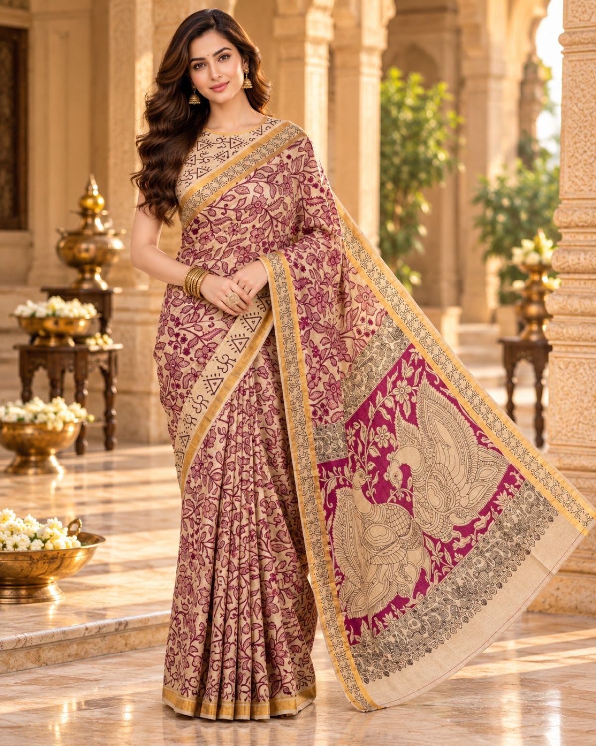 Cream & Magenta Chennuri Silk Saree with Kalamkari Prints and Designer Blouse