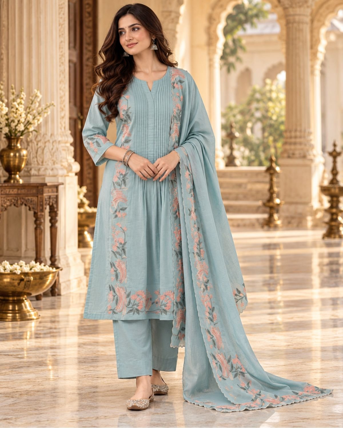 Pastel Blue Mul Chanderi Embroidered 3-Piece Kurta Set