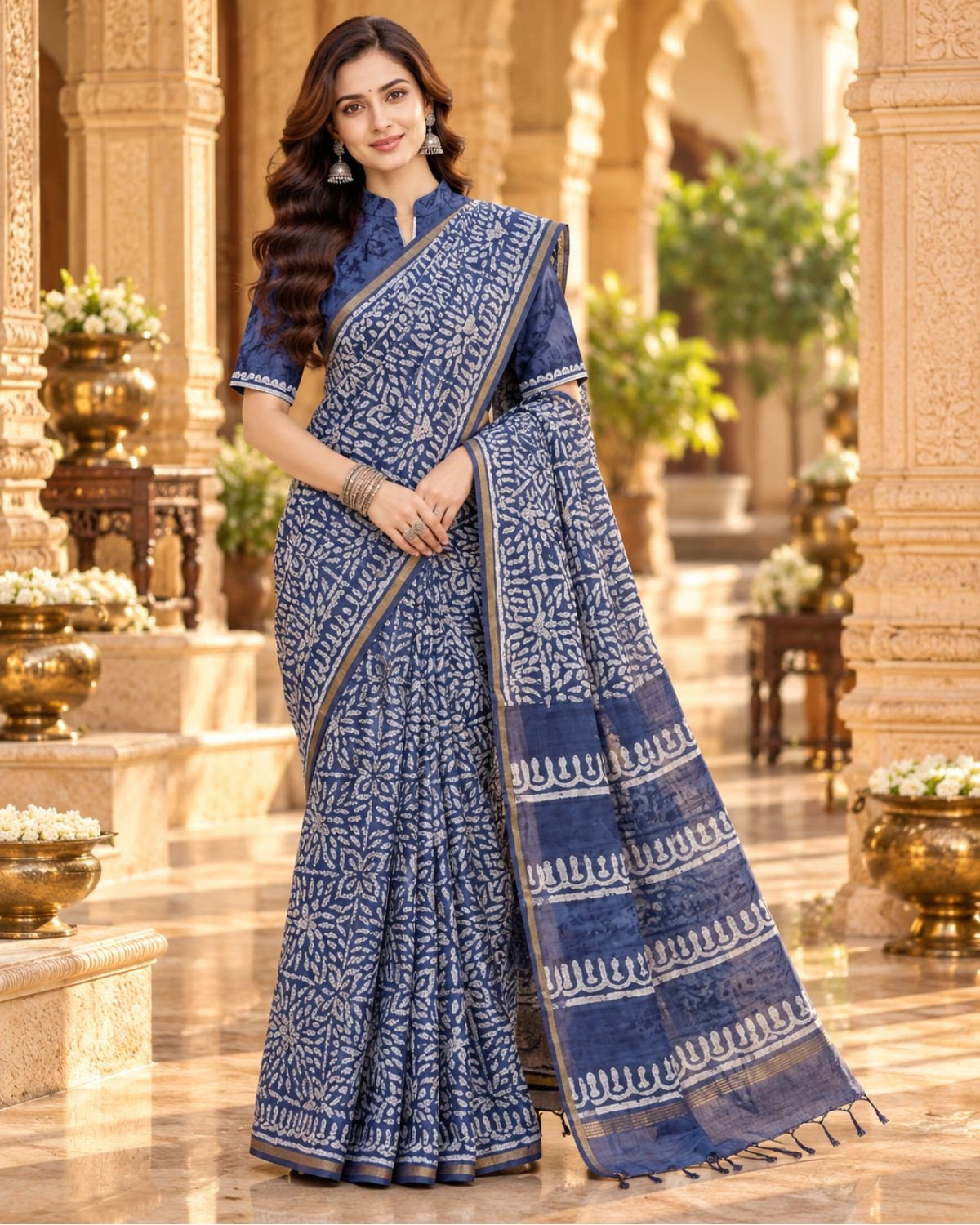 Royal Indigo Blue Chanderi Silk Saree with Traditional Floral Prints & Designer Blouse