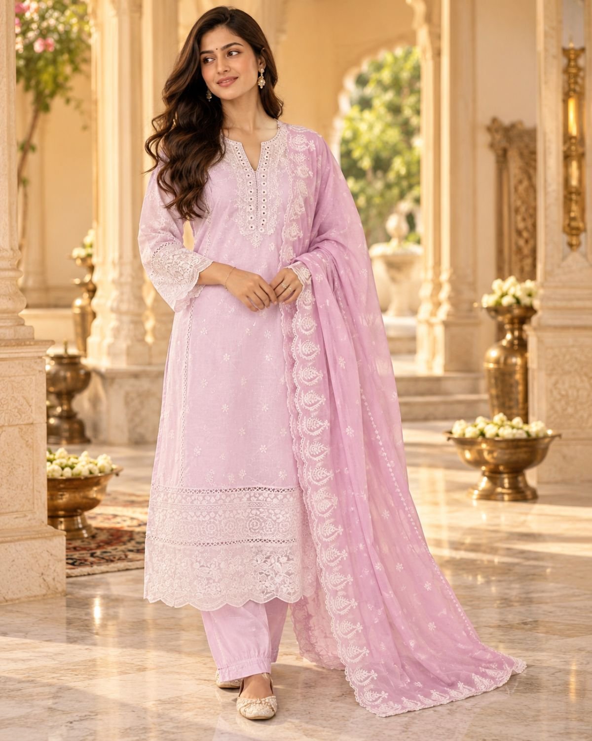 Blush Pink Mul Cotton Chikankari Embroidered 3-Piece Kurta Set