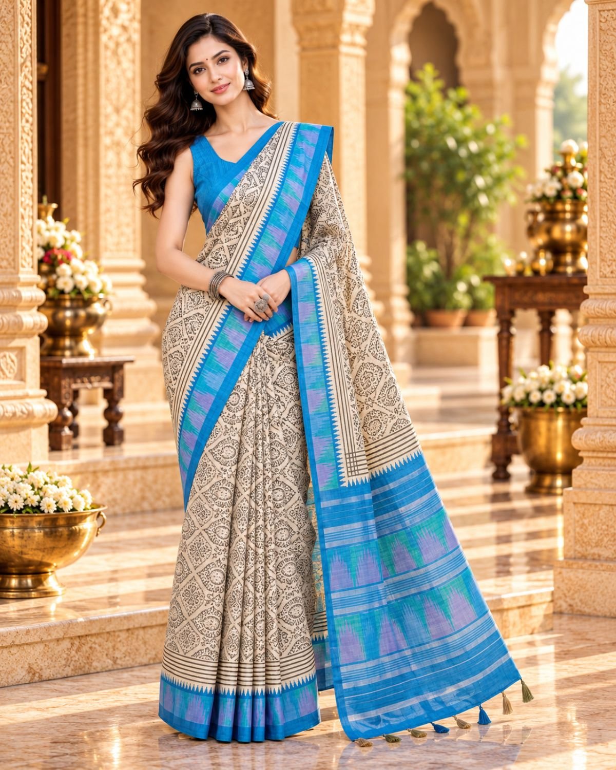 Elegant Ivory & Vibrant Turquoise Blue Soft Tussar Silk Saree with Block Prints and Designer Blouse