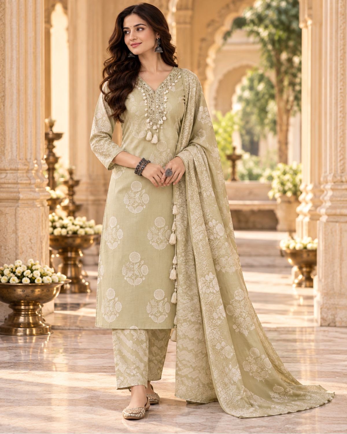 Sage Green V-Neck Cotton Printed 3-Piece Kurta Set with Dupatta