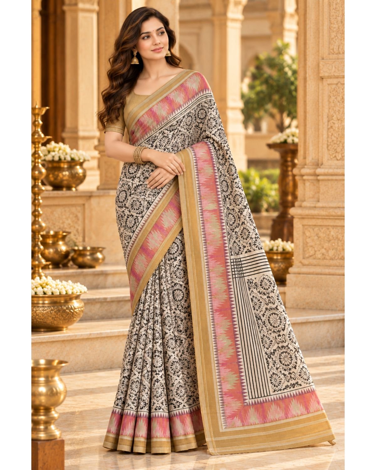 Soft Tussar Silk Saree – Ivory Black Block Print with Multicolour Temple Border