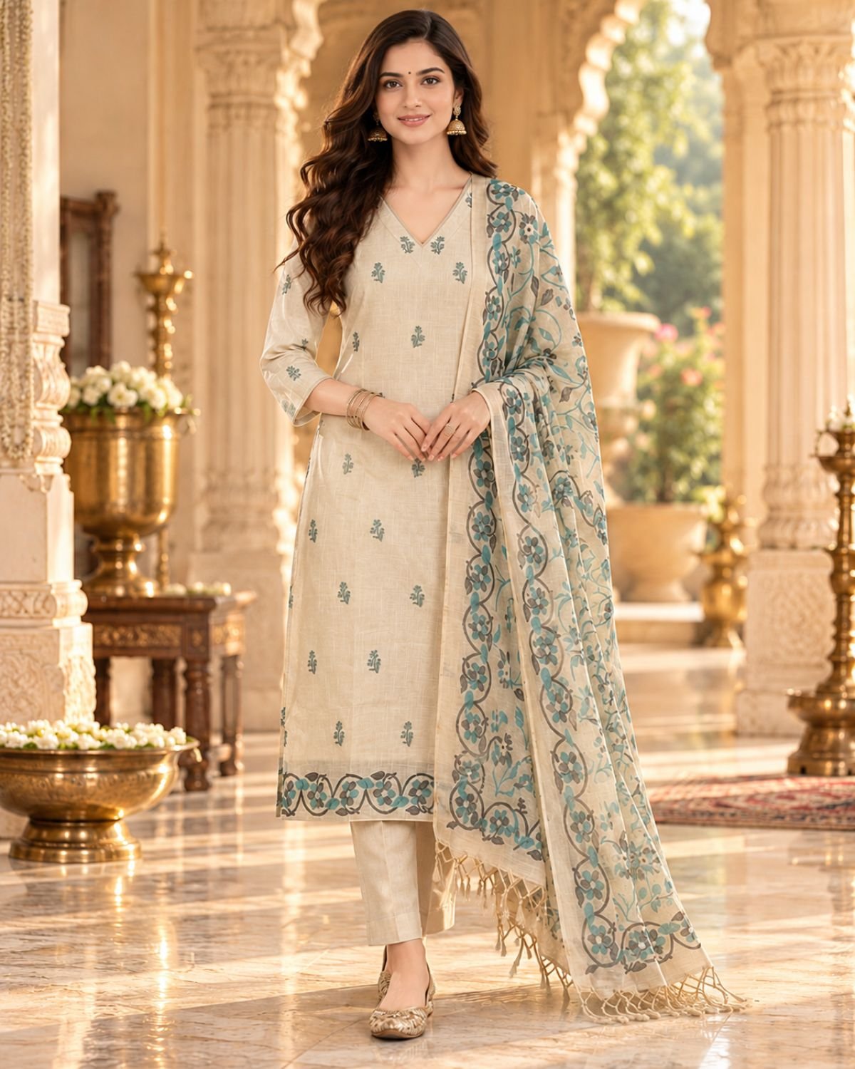 Elegant Ivory Jamdani 3-Piece Suit with Teal Floral Dupatta