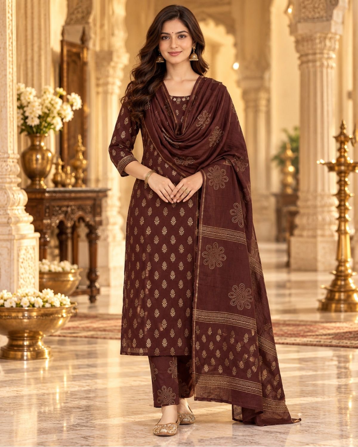 Deep Brown Cotton 3-Piece Kurta Set with Golden Print