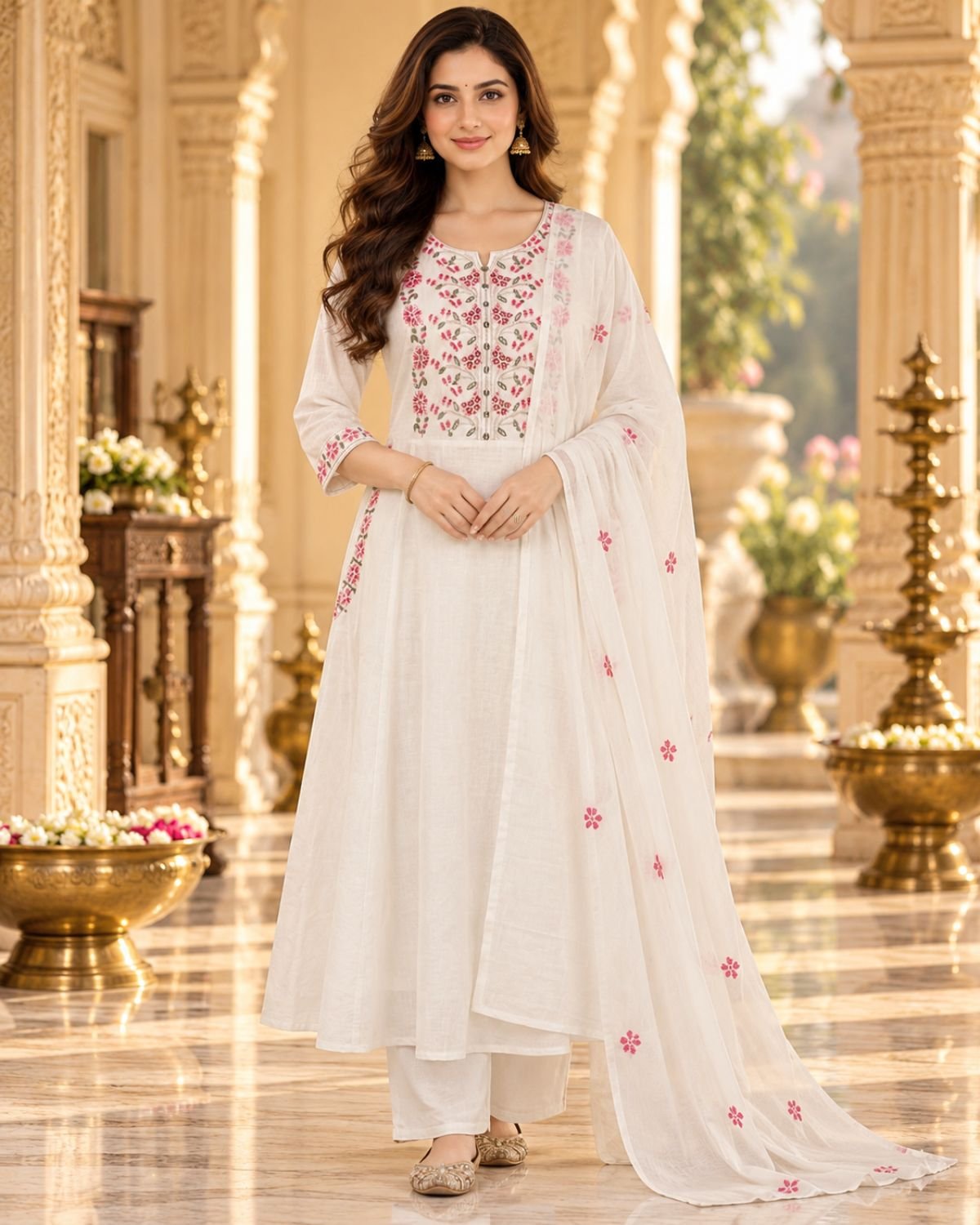 Ivory White Mul Chanderi Floral Embroidered 3-Piece Anarkali Kurta Set