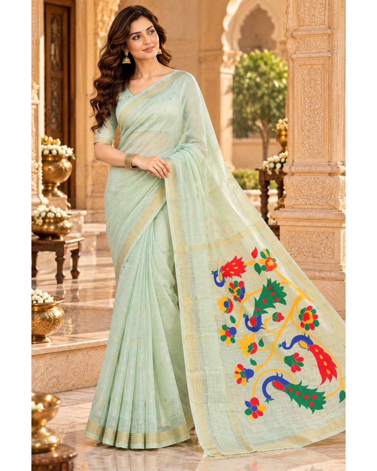 Mint Green Handwoven Muslin Jamdani Saree with Multicolour Peacock & Floral Pallu