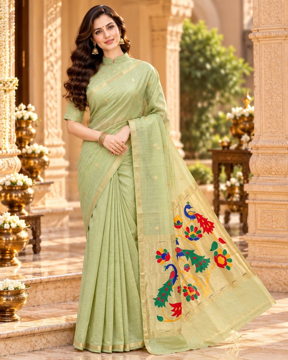 Sage Green Handwoven Muslin Jamdani Saree with Multicolour Peacock & Floral Pallu