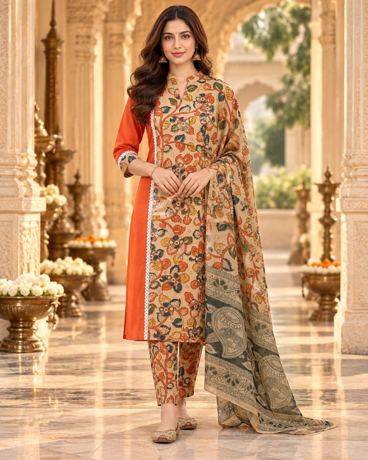 Vibrant Orange Cotton Kalamkari Printed 3-Piece Kurta Set with Dupatta