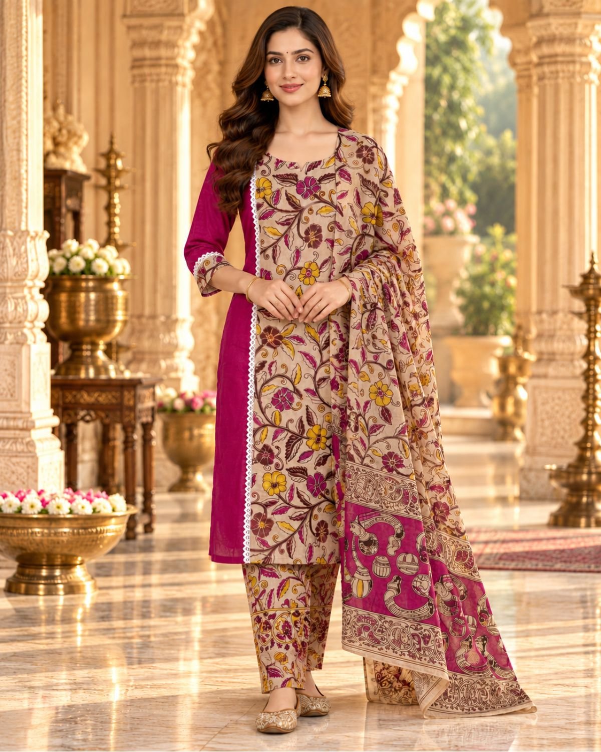 Deep Rani Pink / Fuchsia Magenta with a warm beige Kalamkari floral printed 3-Piece Kurta Set with Dupatta