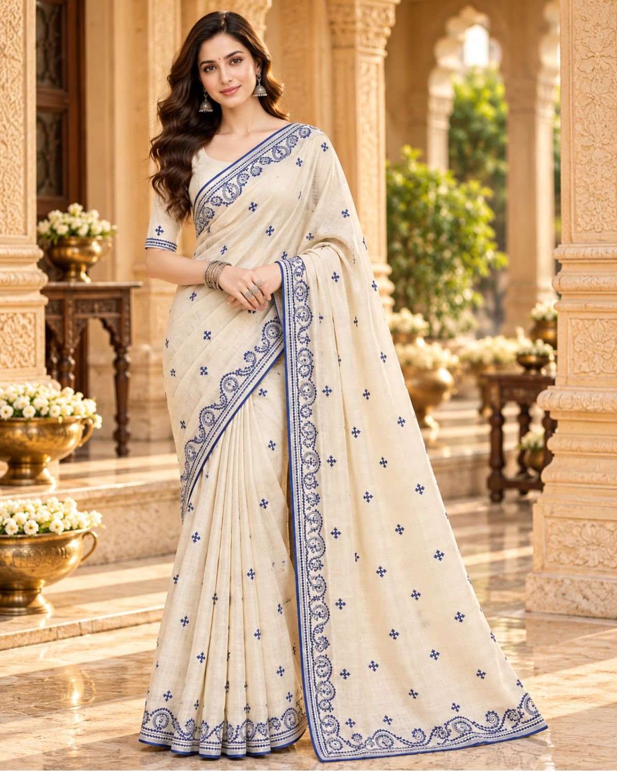 Ivory Chanderi Silk Saree with Royal Blue Gujarati Handwork & Matching Blouse